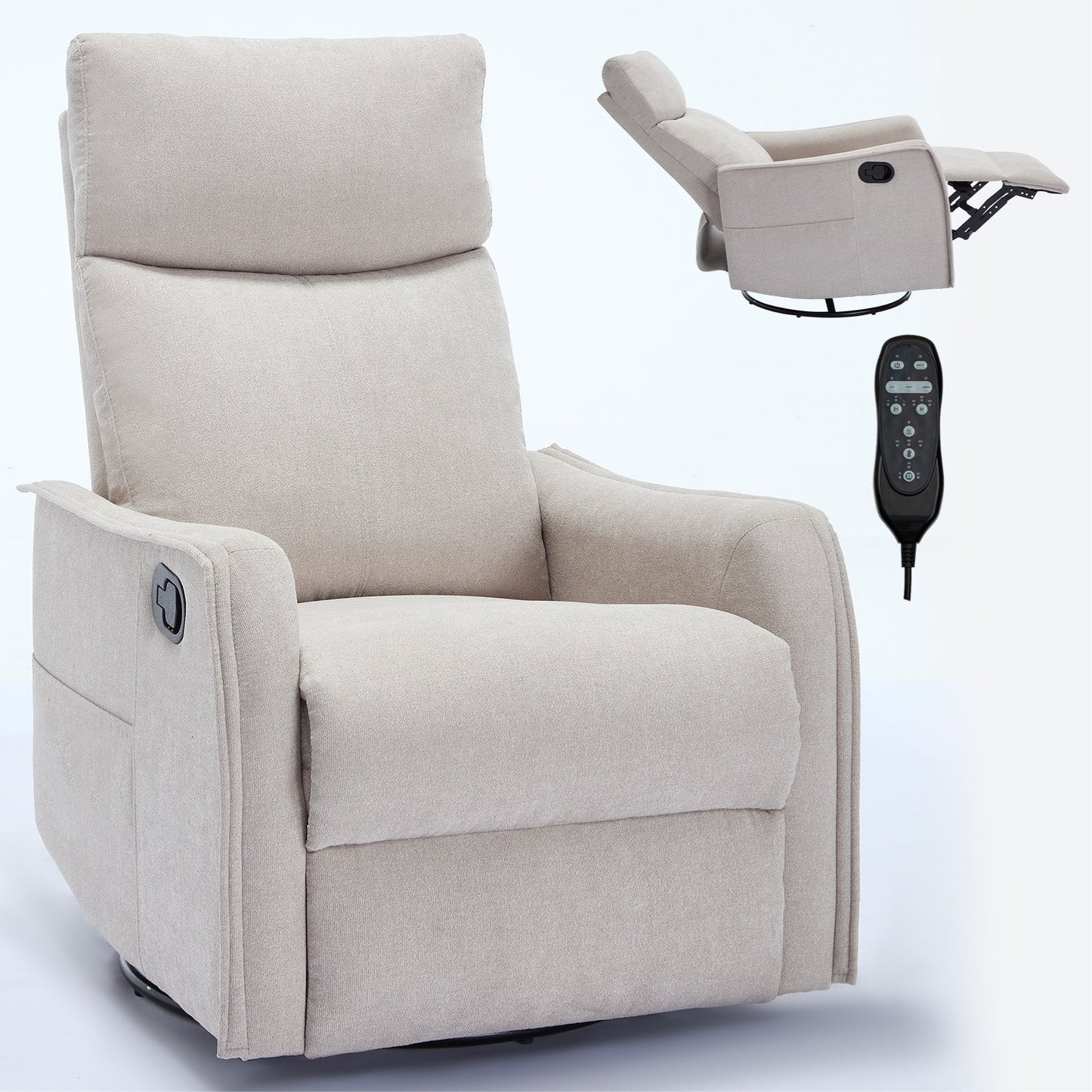 Fauteuil inclinable manuel à 8 points de massage, tissu, pivotant, basculant, canapé simple, accoudoirs avec fonction de vibration et de chauffage lombaire.