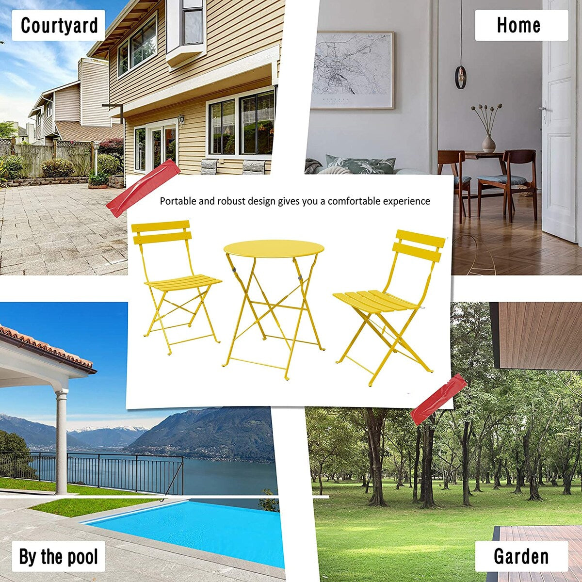 Ensemble de bistro pliable en métal 3 pièces, ensemble de conversation résistant aux intempéries pour l'intérieur et l'extérieur, pour patio, cour, jardin.