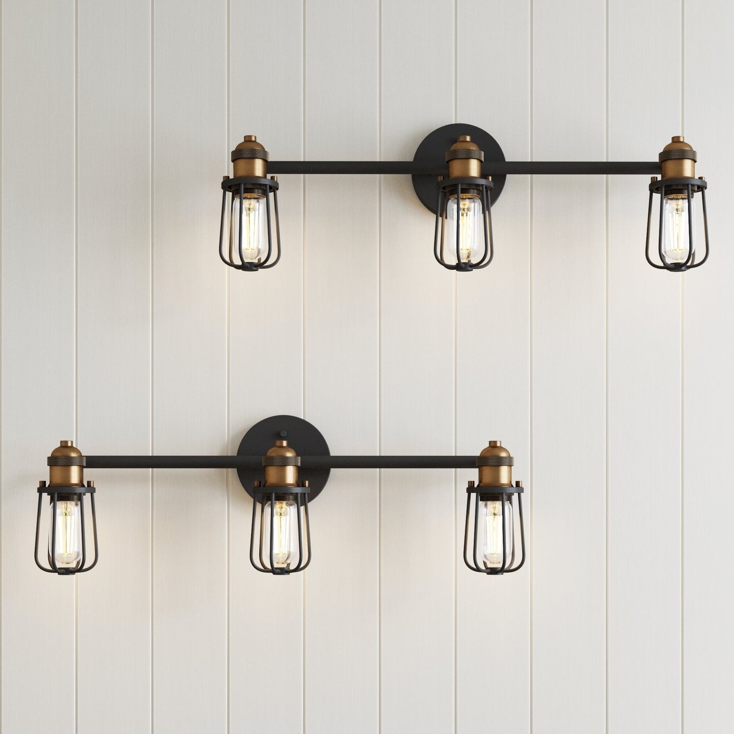 Nathan James Rori Vanity Wall Light Indoor 3-Light Bathroom with Farmhouse Cage Sconce and Brass Details