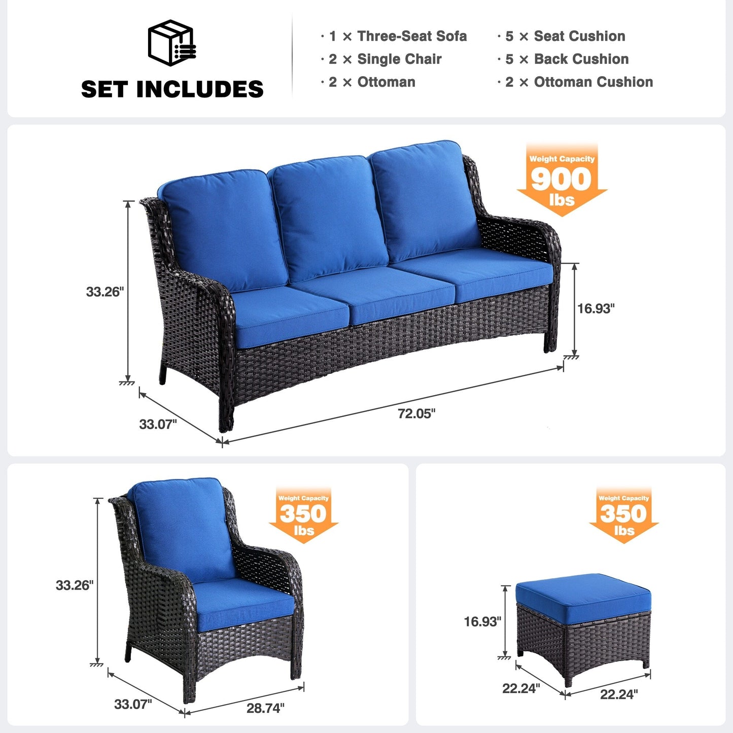 Ensemble de conversation OVIOS pour patio, 5 pièces, en osier, dossier haut.