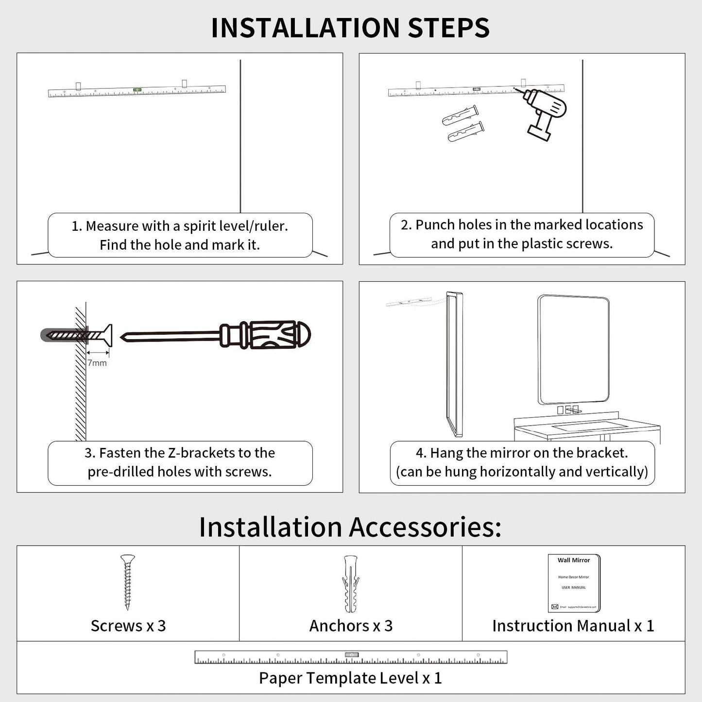 Wall Mirror Vanity Mirror Bathroom Mirror with Round Corner (1 Piece)