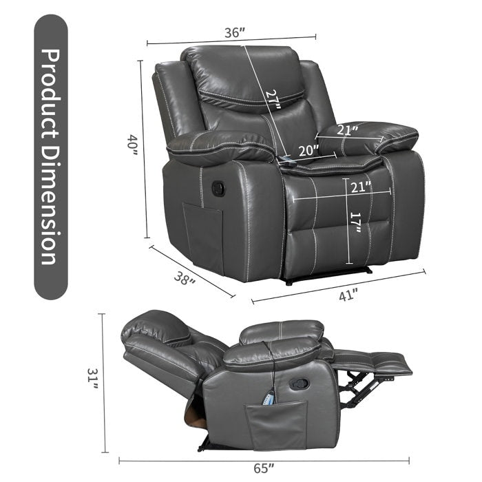 Fauteuil inclinable large en cuir durable avec massage et chauffage.