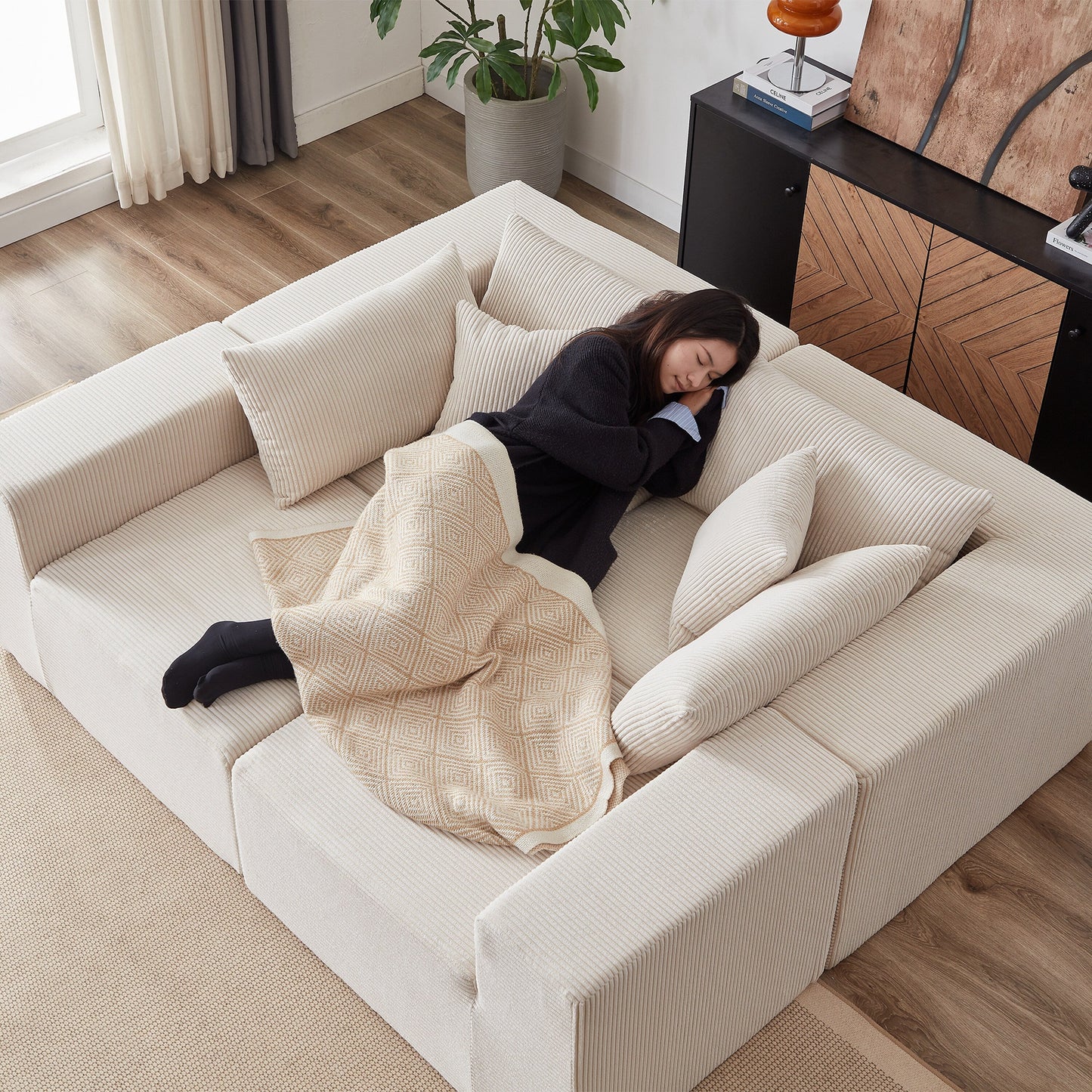 Canapé d'angle modulaire en cordouroy de 264 cm, ensemble de canapé de sol, canapé compressé rempli de mousse, combinaison libre de 4 pièces.