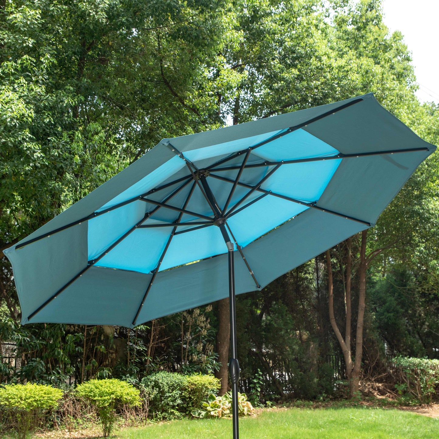 MAISON ARTS Parasol de jardin inclinable automatique à 3 niveaux de 3 mètres avec lumières LED et double ventilation
