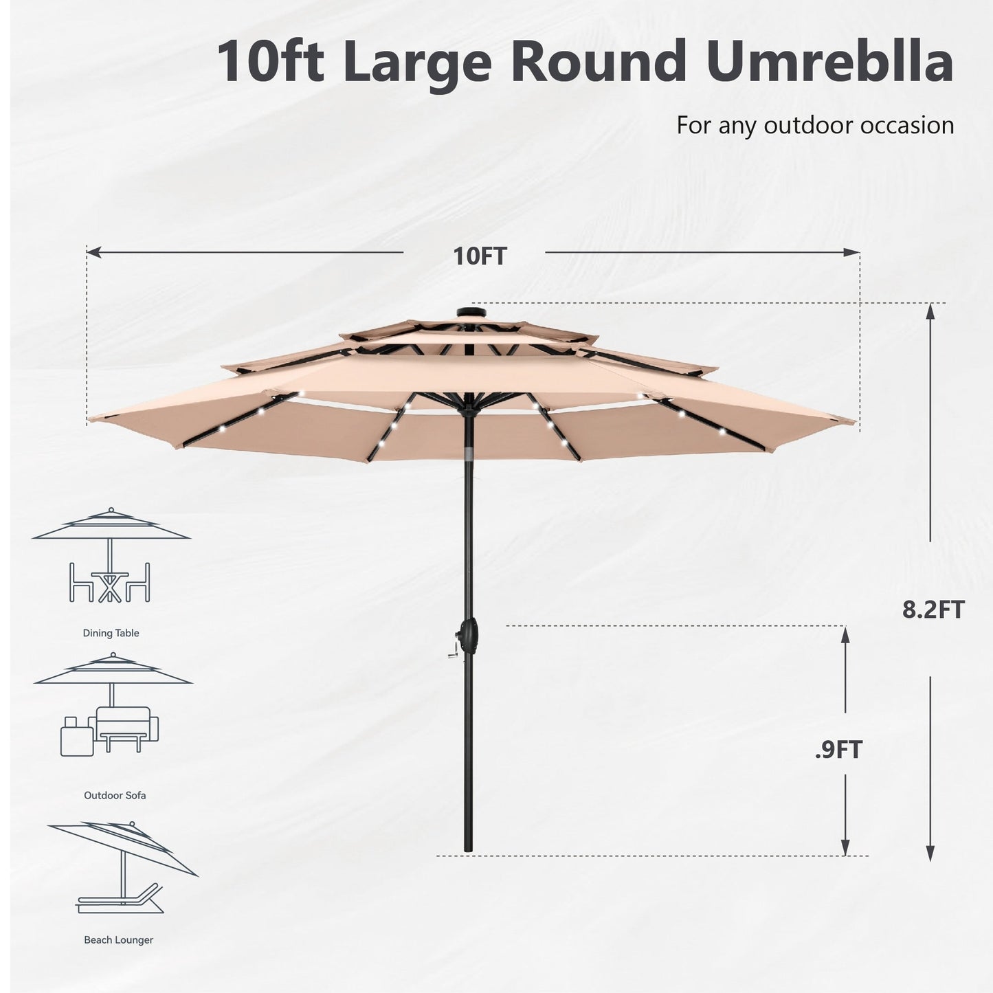 MAISON ARTS Parasol de jardin inclinable automatique à 3 niveaux de 3 mètres avec lumières LED et double ventilation