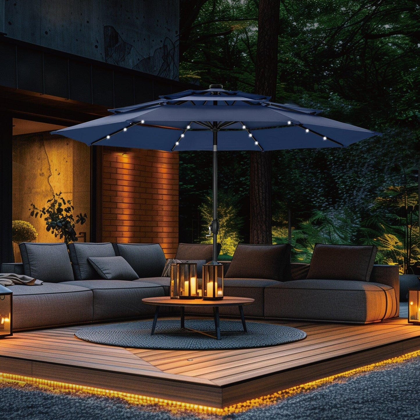 MAISON ARTS Parasol de jardin inclinable automatique à 3 niveaux de 3 mètres avec lumières LED et double ventilation