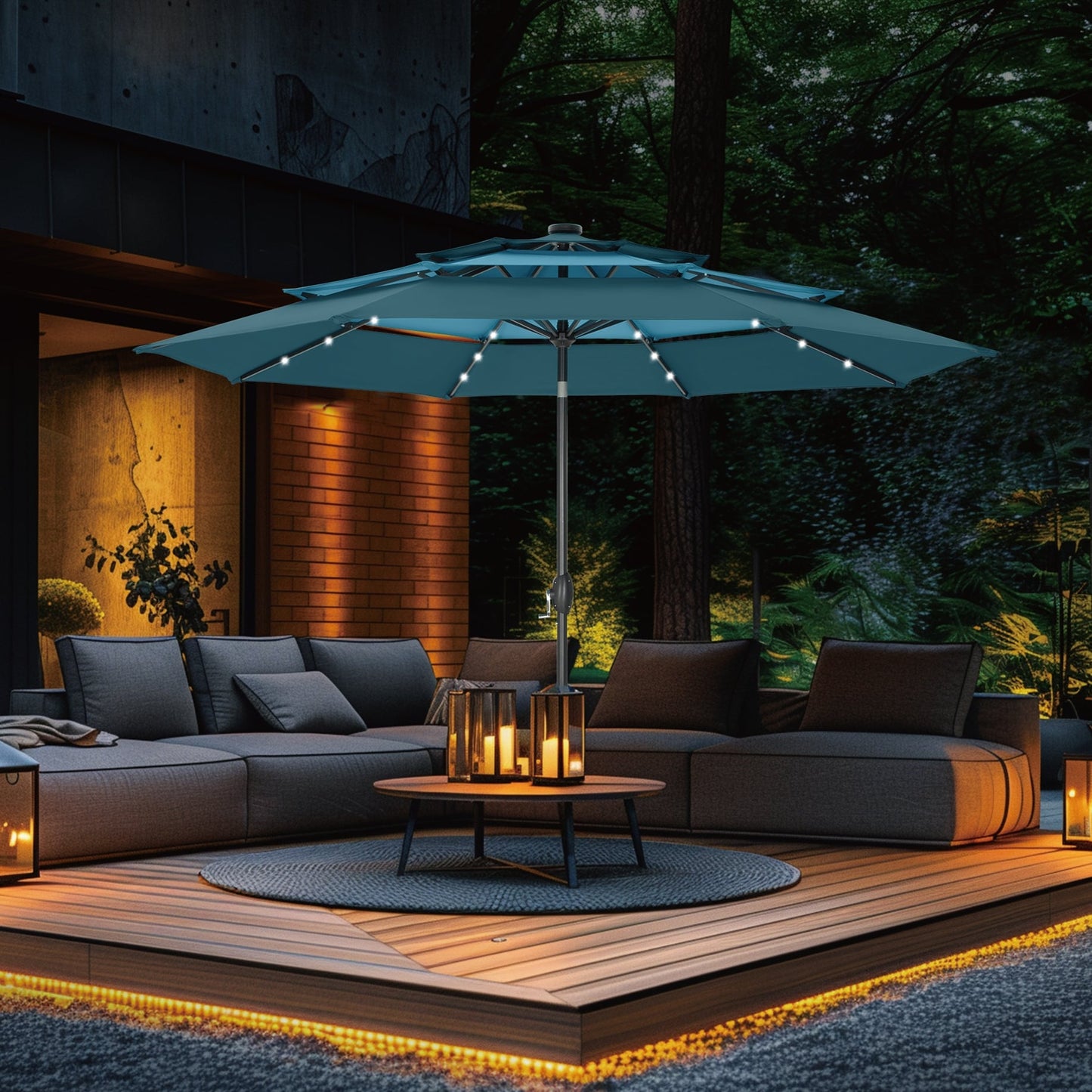 MAISON ARTS Parasol de jardin inclinable automatique à 3 niveaux de 3 mètres avec lumières LED et double ventilation