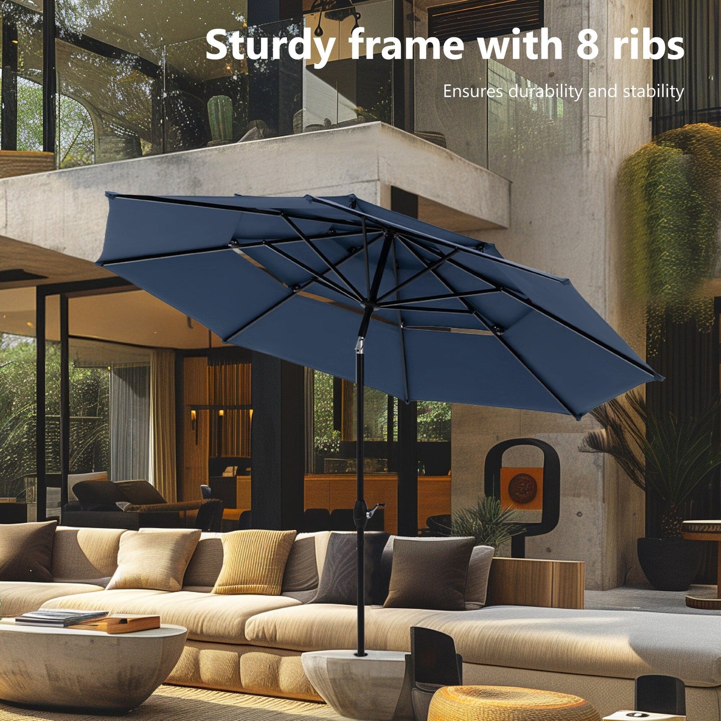 MAISON ARTS Parasol de jardin inclinable automatique à 3 niveaux de 3 mètres avec lumières LED et double ventilation