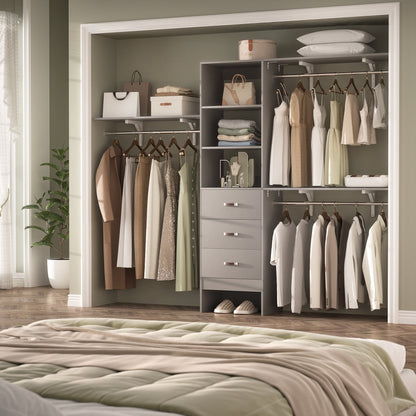 Rackcog Organisateur de placard réglable de 305 cm avec tiroirs, système de rangement avec étagères personnalisables pour placard à l'italienne et placard à porte coulissante