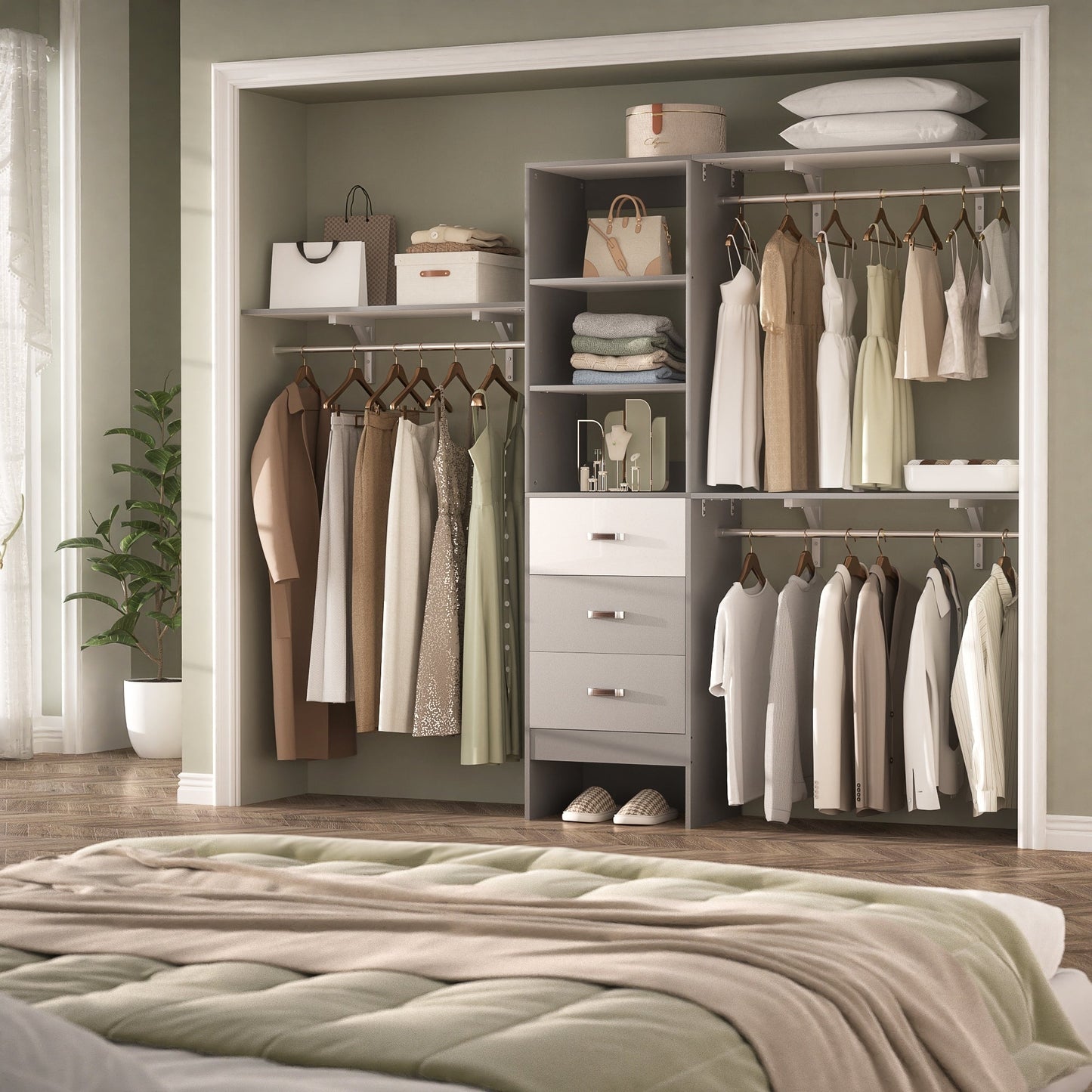 Rackcog Organisateur de placard réglable de 305 cm avec tiroirs, système de rangement avec étagères personnalisables pour placard à l'italienne et placard à porte coulissante