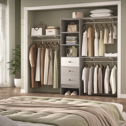 Rackcog Organisateur de placard réglable de 305 cm avec tiroirs, système de rangement avec étagères personnalisables pour placard à l'italienne et placard à porte coulissante