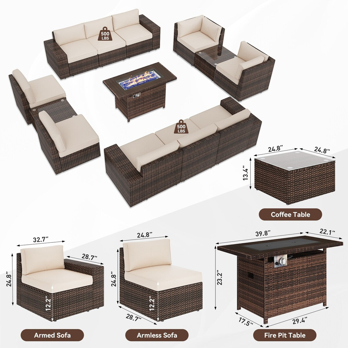 Ensemble de meubles de jardin 13 pièces avec table à feu de 44 pouces