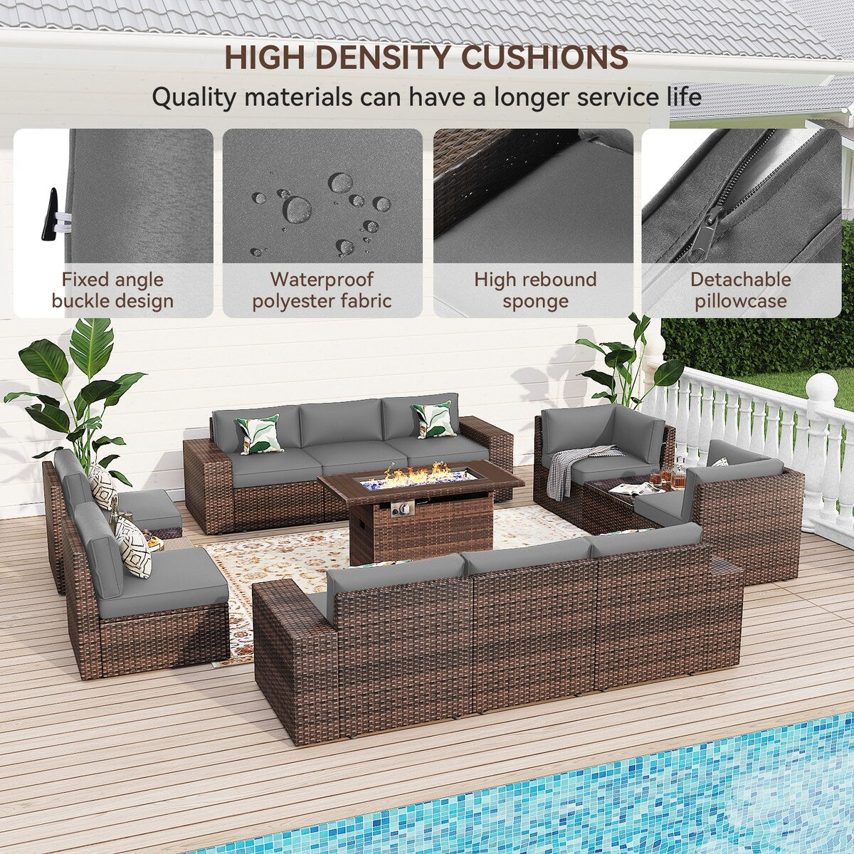 Ensemble de meubles de jardin 13 pièces avec table à feu de 44 pouces