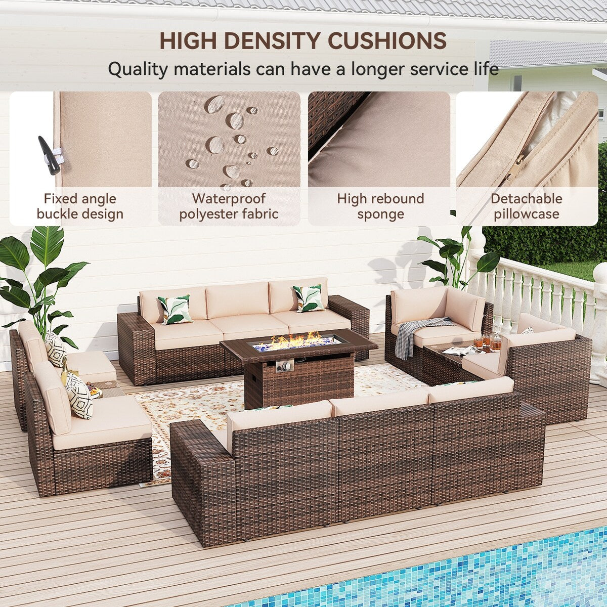 Ensemble de meubles de jardin 13 pièces avec table à feu de 44 pouces