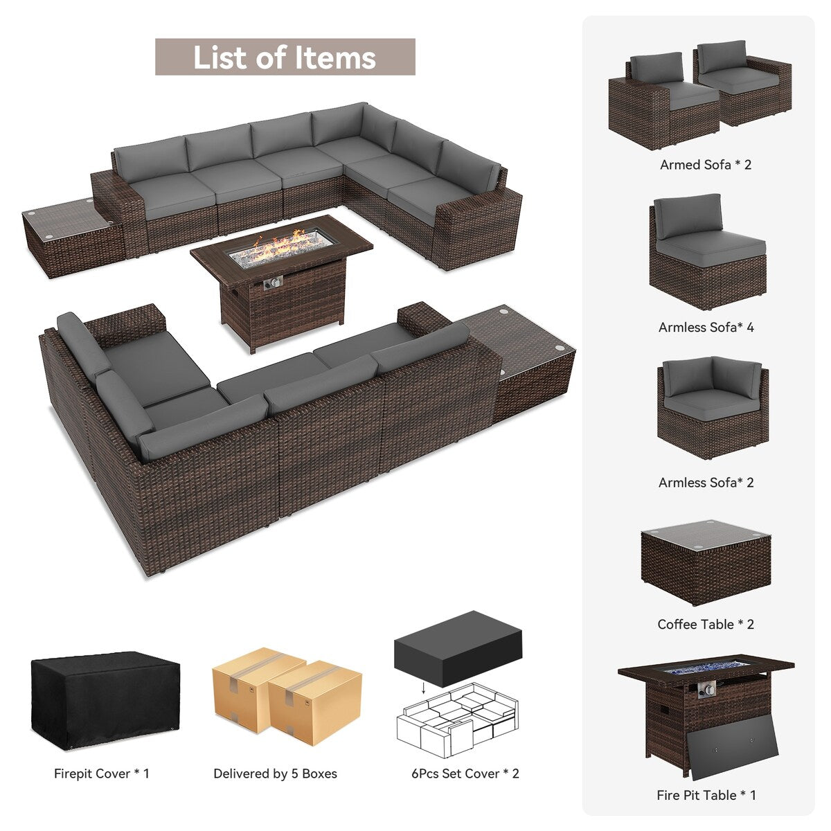 Ensemble de meubles de jardin 13 pièces avec table à feu de 44 pouces