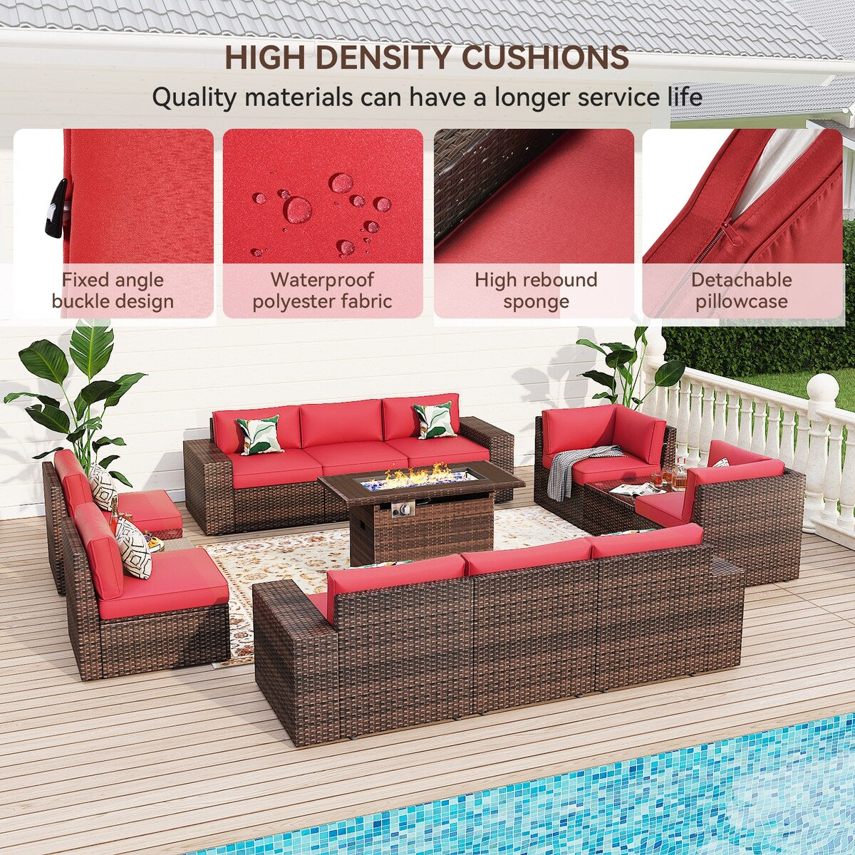 Ensemble de meubles de jardin 13 pièces avec table à feu de 44 pouces