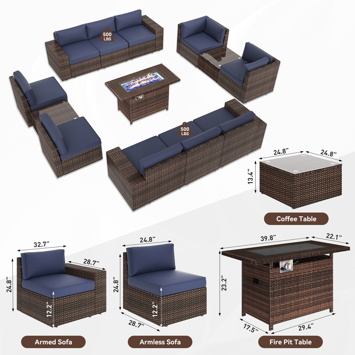 Ensemble de meubles de jardin 13 pièces avec table à feu de 44 pouces