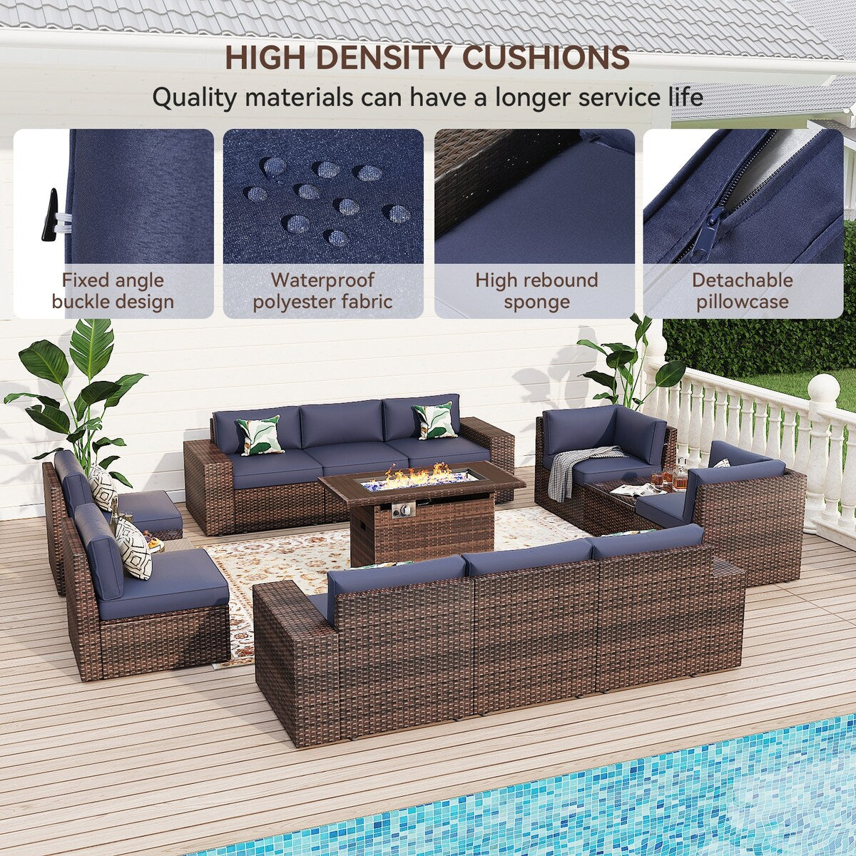 Ensemble de meubles de jardin 13 pièces avec table à feu de 44 pouces