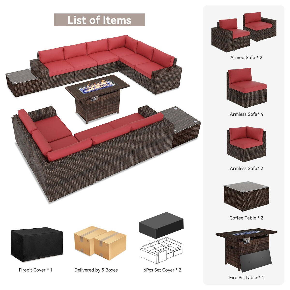 Ensemble de meubles de jardin 13 pièces avec table à feu de 44 pouces