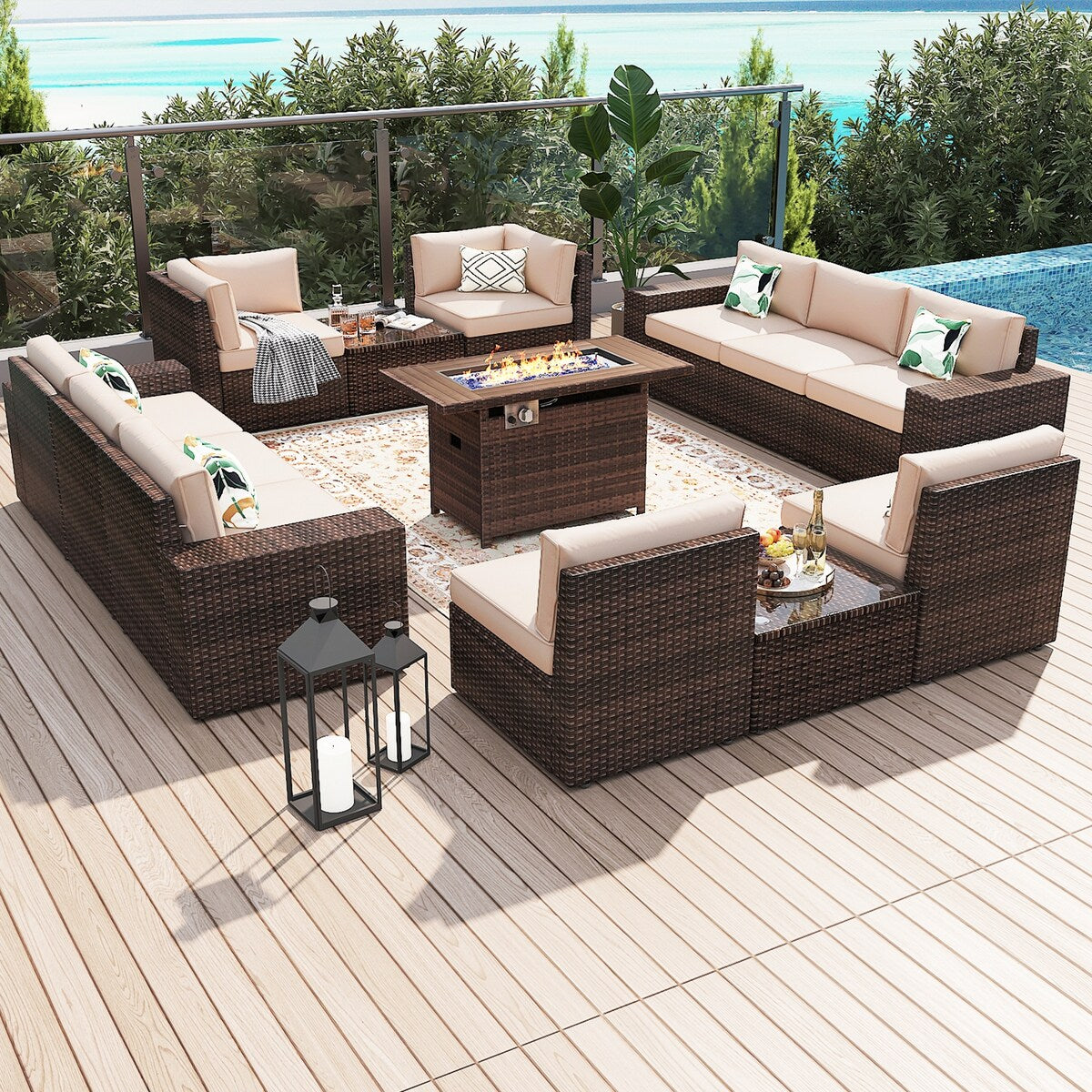 Ensemble de meubles de jardin 13 pièces avec table à feu de 44 pouces