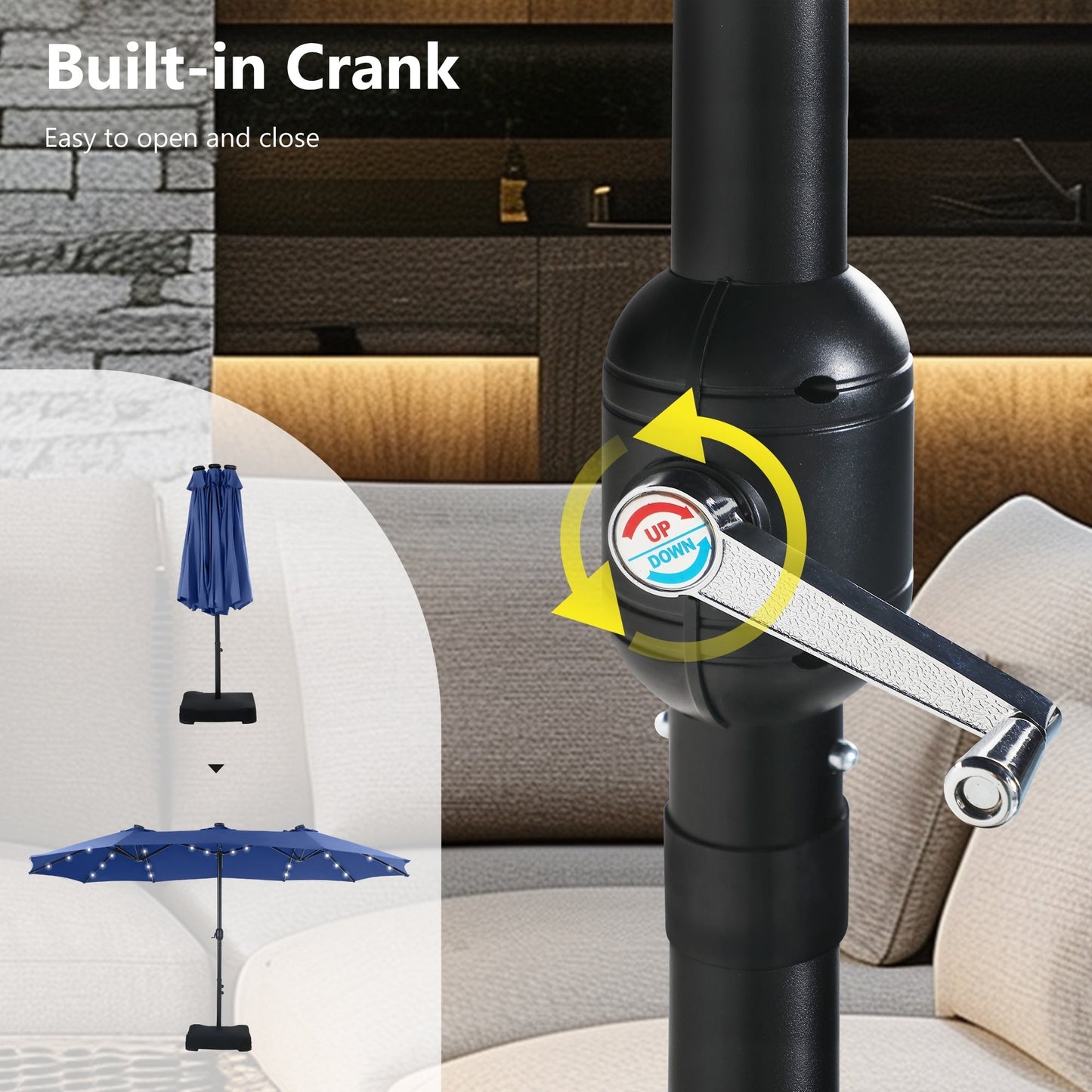 MAISON ARTS Parasol de jardin rectangulaire à manivelle de 4,5 mètres, double face, avec éclairage solaire à LED, pour terrasse, avec socle inclus.