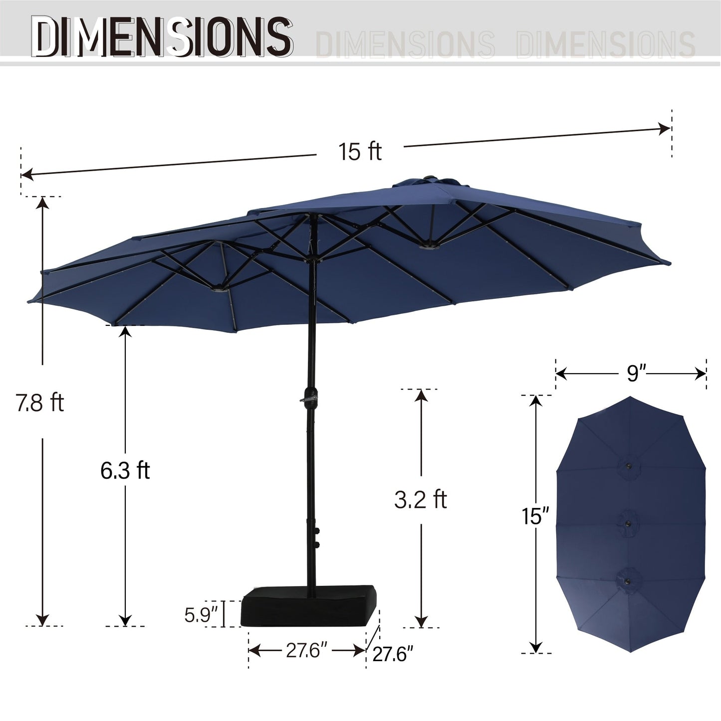 MAISON ARTS Parasol de jardin rectangulaire à manivelle de 4,5 mètres, double face, avec éclairage solaire à LED, pour terrasse, avec socle inclus.