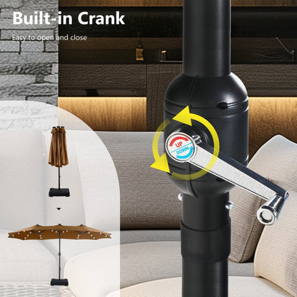 MAISON ARTS Parasol de jardin rectangulaire à manivelle de 4,5 mètres, double face, avec éclairage solaire à LED, pour terrasse, avec socle inclus.