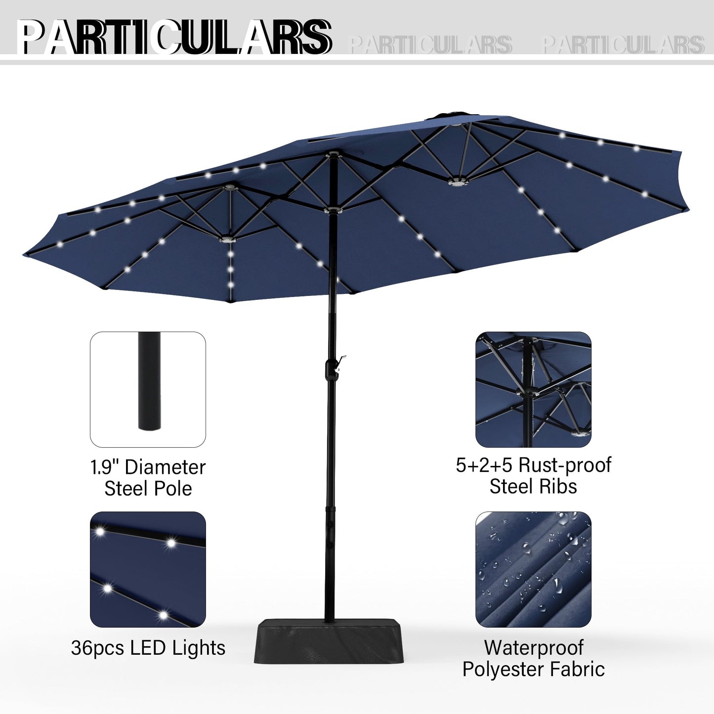 MAISON ARTS Parasol de jardin rectangulaire à manivelle de 4,5 mètres, double face, avec éclairage solaire à LED, pour terrasse, avec socle inclus.