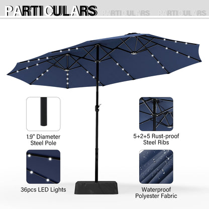 MAISON ARTS Parasol de jardin rectangulaire à manivelle de 4,5 mètres, double face, avec éclairage solaire à LED, pour terrasse, avec socle inclus.