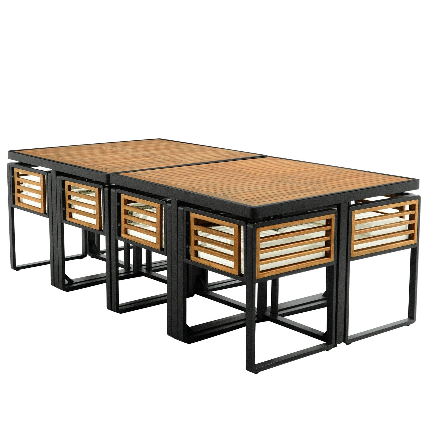 Ensemble de salle à manger de patio en bois d'acacia, 18 pièces, 8 chaises avec coussins, 8 poufs et 2 tables carrées.