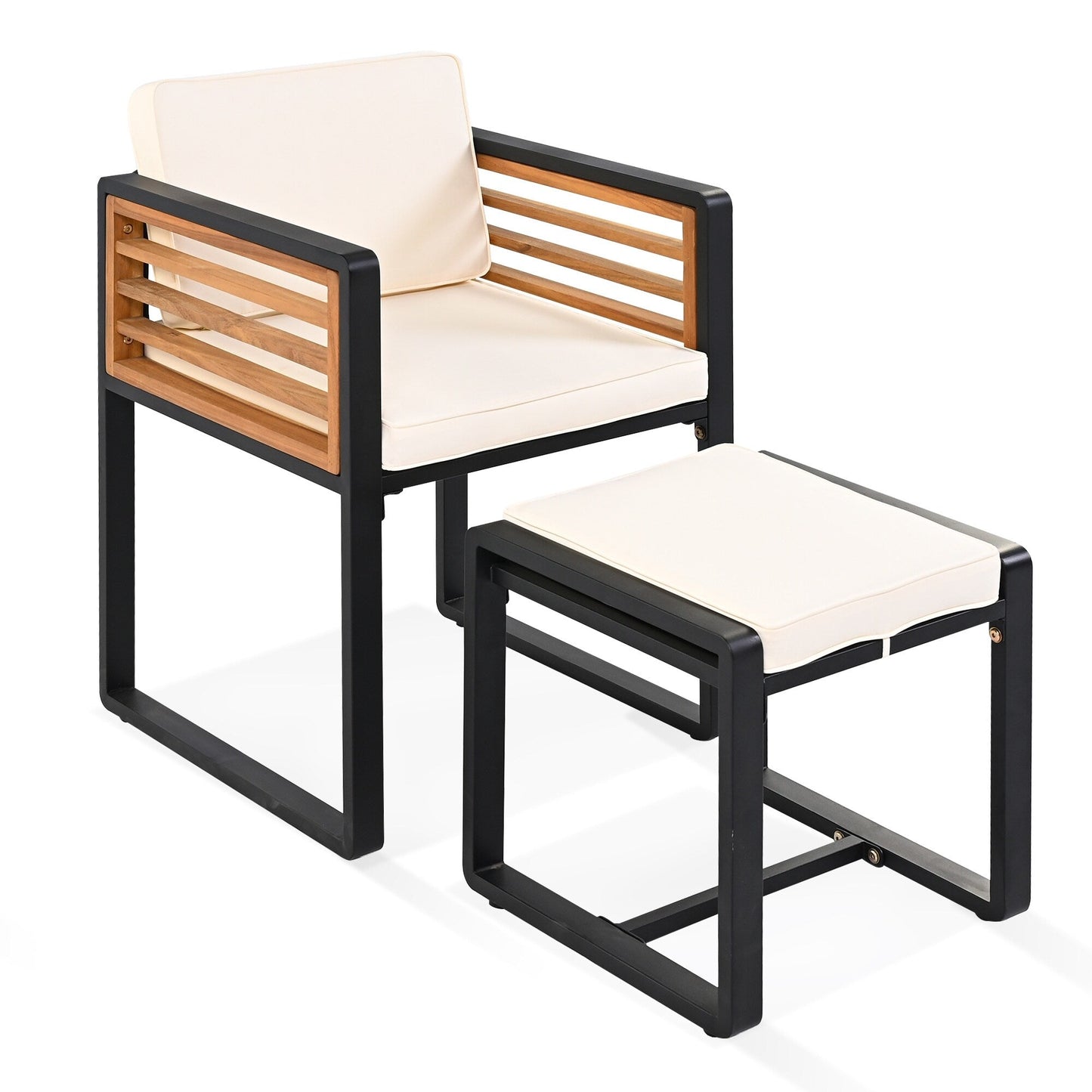 Ensemble de salle à manger de patio en bois d'acacia, 18 pièces, 8 chaises avec coussins, 8 poufs et 2 tables carrées.