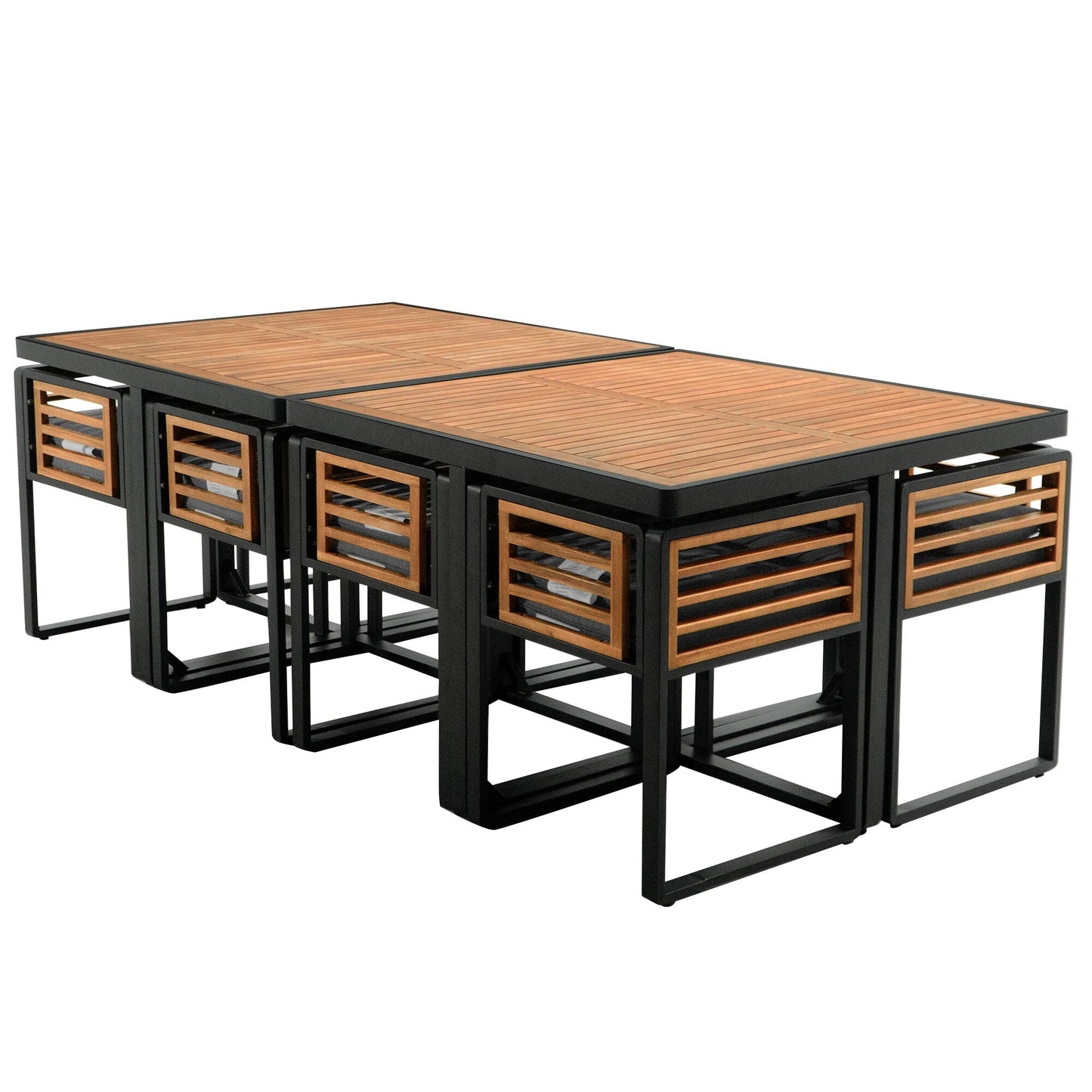 Ensemble de salle à manger de patio en bois d'acacia, 18 pièces, 8 chaises avec coussins, 8 poufs et 2 tables carrées.