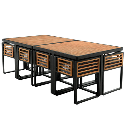 Ensemble de salle à manger de patio en bois d'acacia, 18 pièces, 8 chaises avec coussins, 8 poufs et 2 tables carrées.