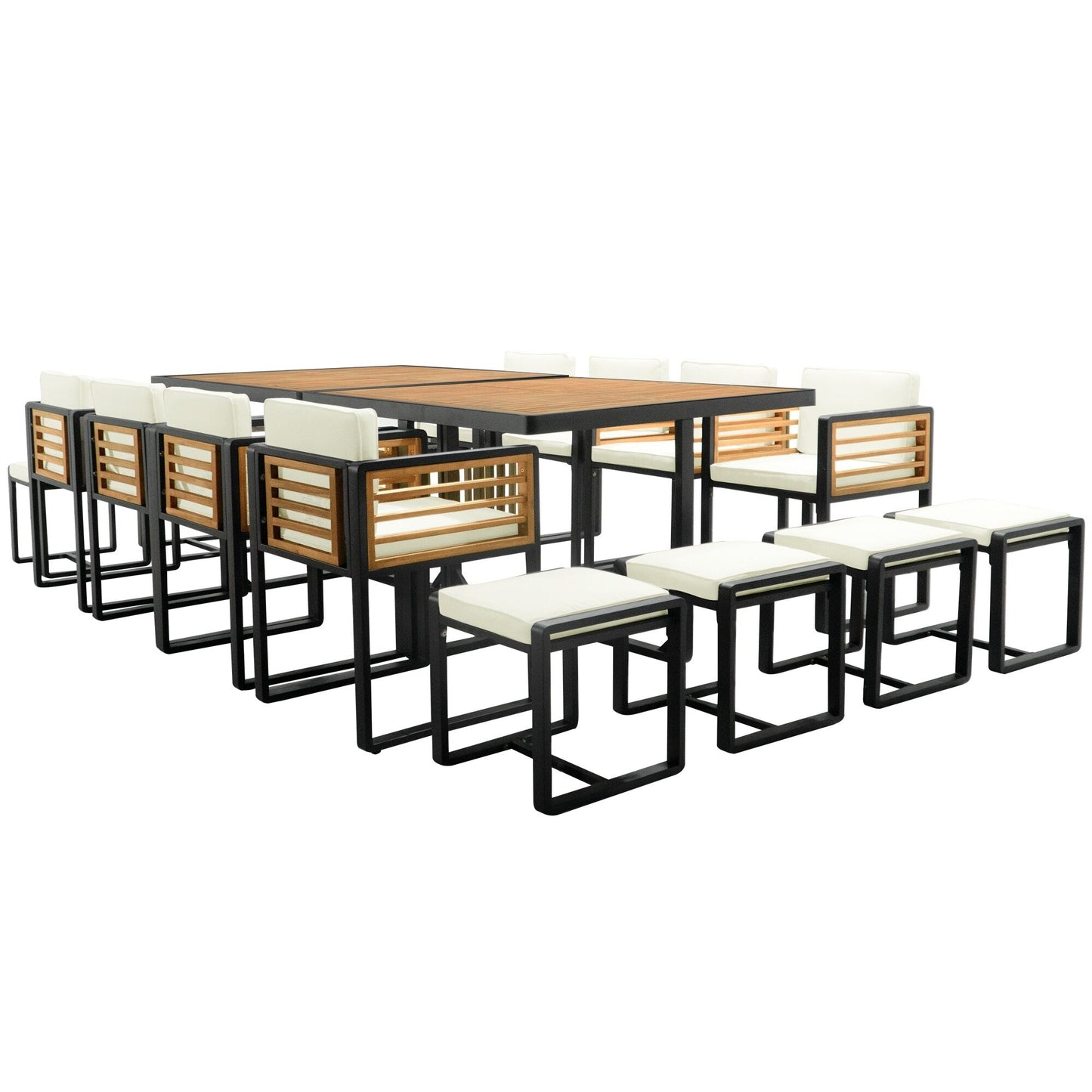 Ensemble de salle à manger de patio en bois d'acacia, 18 pièces, 8 chaises avec coussins, 8 poufs et 2 tables carrées.