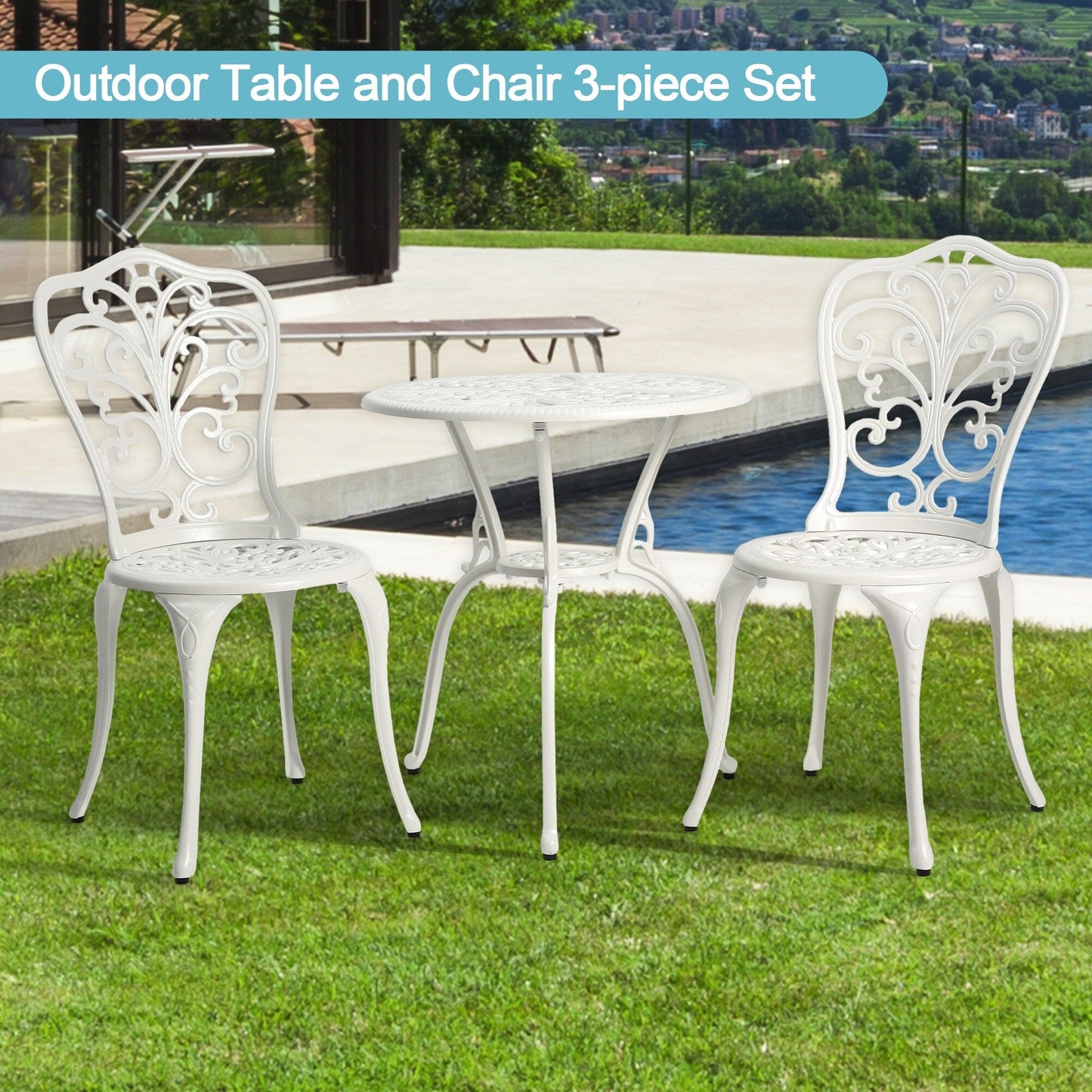 Table et chaises de jardin en aluminium pour extérieur, style papillon, 3 pièces, avec trou pour parasol