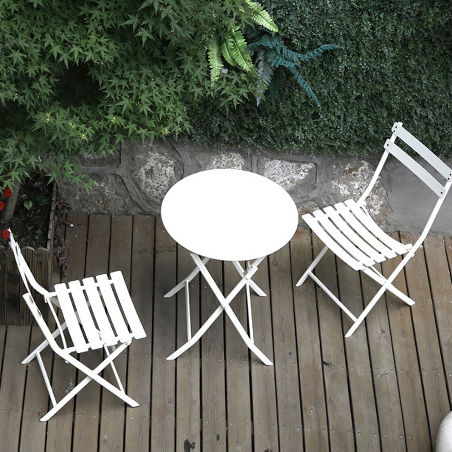 Ensemble de bistro de terrasse minimaliste 3 pièces, composé d'une table ronde et de chaises pliantes - Ensemble-de-bistro-de-terrasse-3-pieces