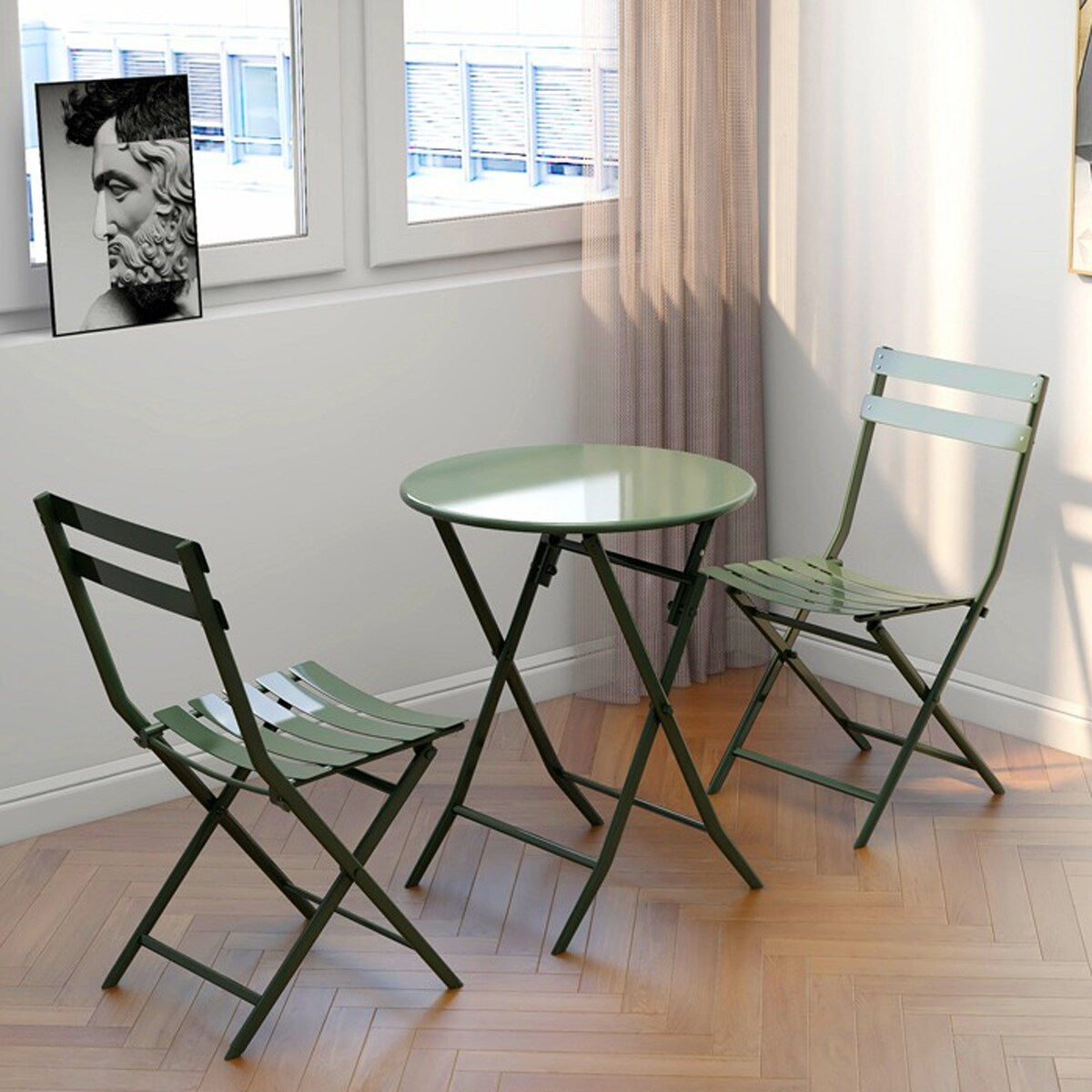 Ensemble de bistro de terrasse minimaliste 3 pièces, composé d'une table ronde et de chaises pliantes - Ensemble-de-bistro-de-terrasse-3-pieces