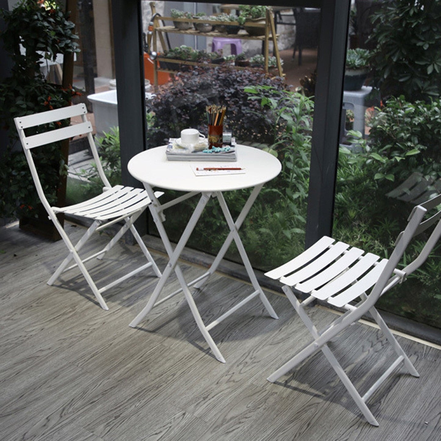 Ensemble de bistro de terrasse minimaliste 3 pièces, composé d'une table ronde et de chaises pliantes - Ensemble-de-bistro-de-terrasse-3-pieces