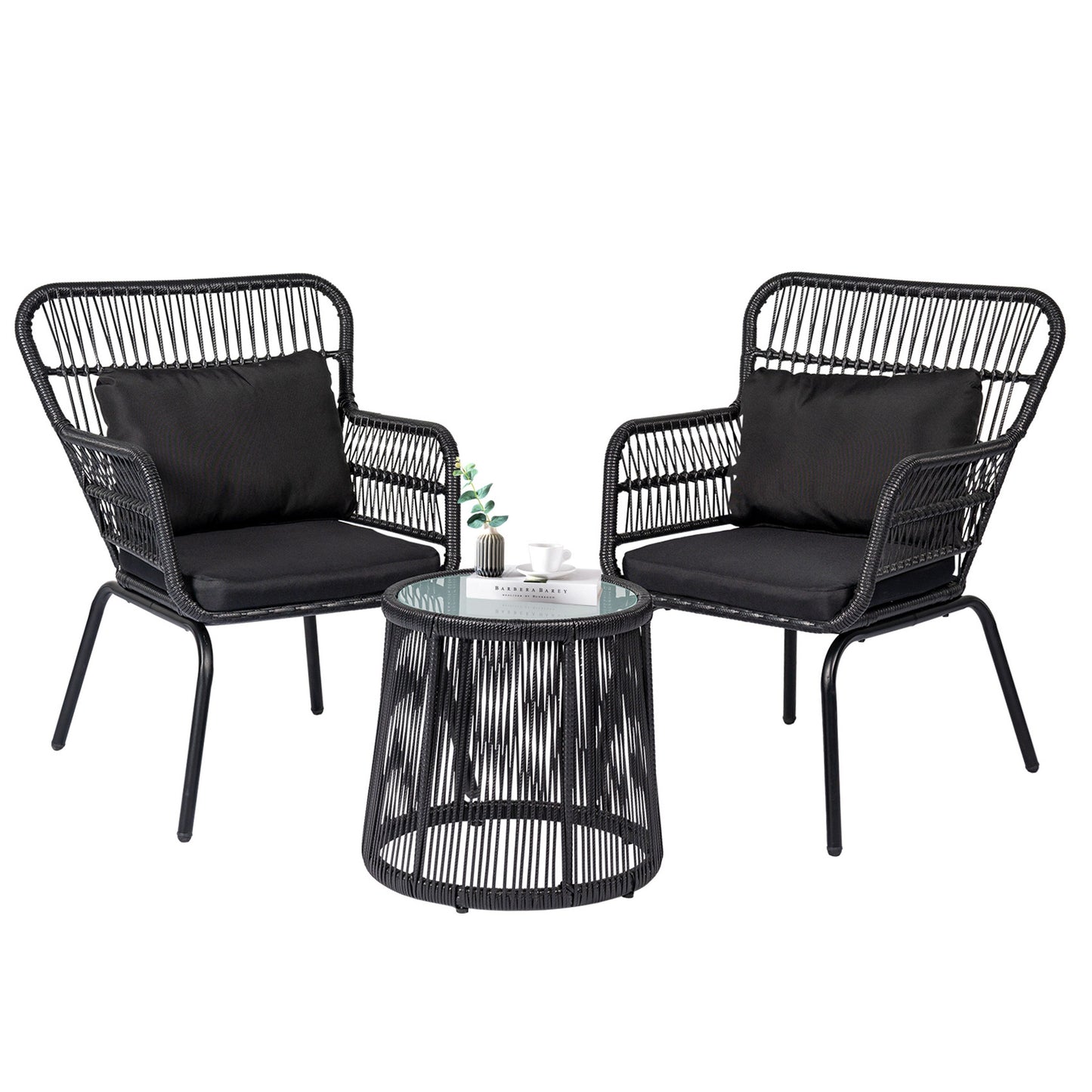 Ensemble de bistro en osier tressé pour extérieur, 3 pièces, ensemble de chaises de patio en rotin résistant aux intempéries avec coussins.
