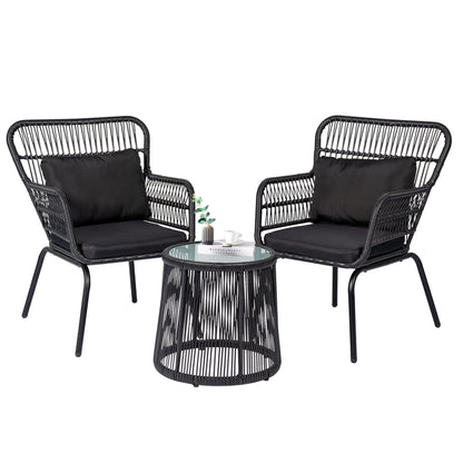 Ensemble de bistro en osier tressé pour extérieur, 3 pièces, ensemble de chaises de patio en rotin résistant aux intempéries avec coussins.