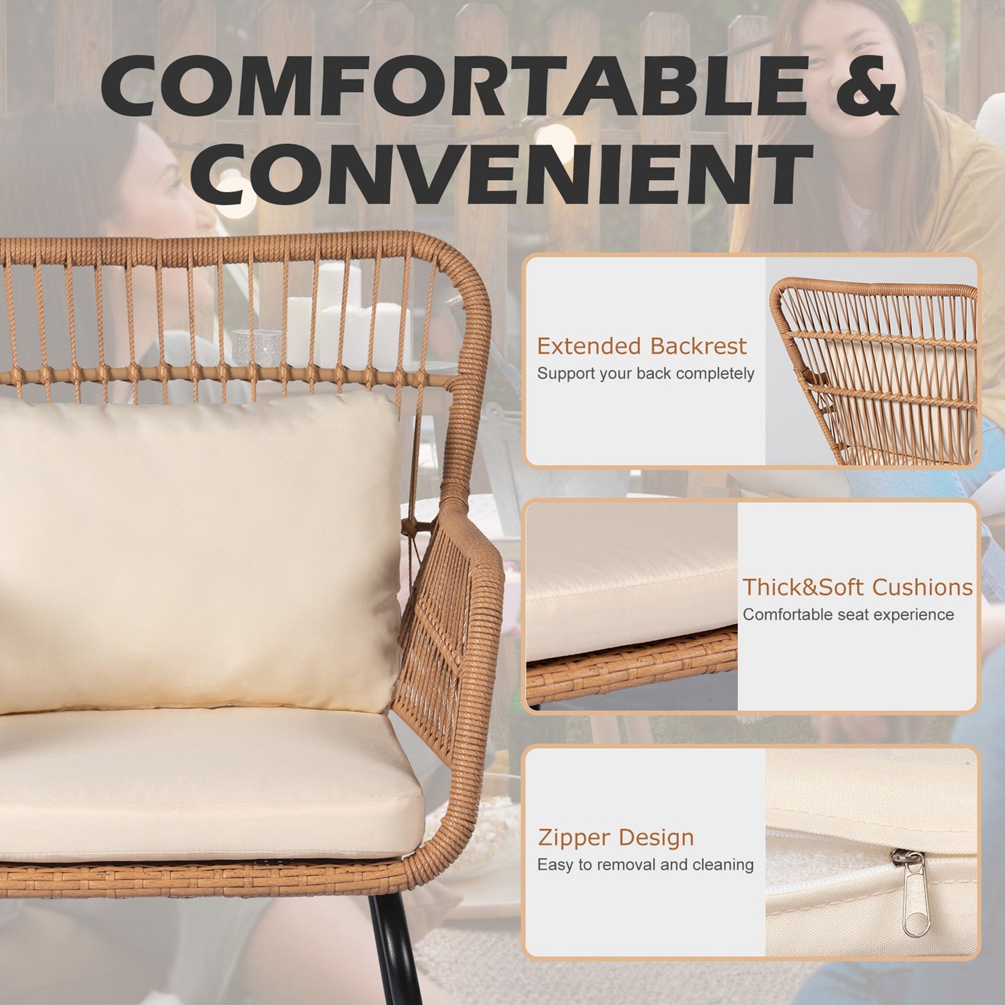 Ensemble de bistro en osier tressé pour extérieur, 3 pièces, ensemble de chaises de patio en rotin résistant aux intempéries avec coussins.