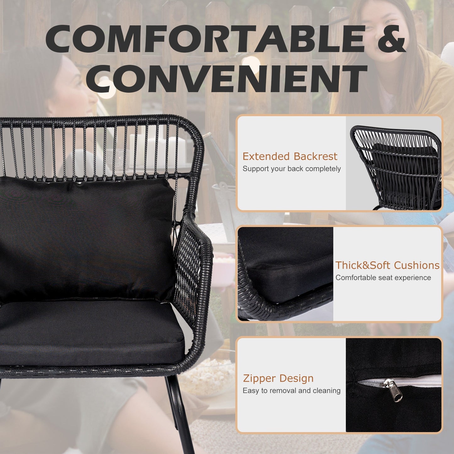 Ensemble de bistro en osier tressé pour extérieur, 3 pièces, ensemble de chaises de patio en rotin résistant aux intempéries avec coussins.