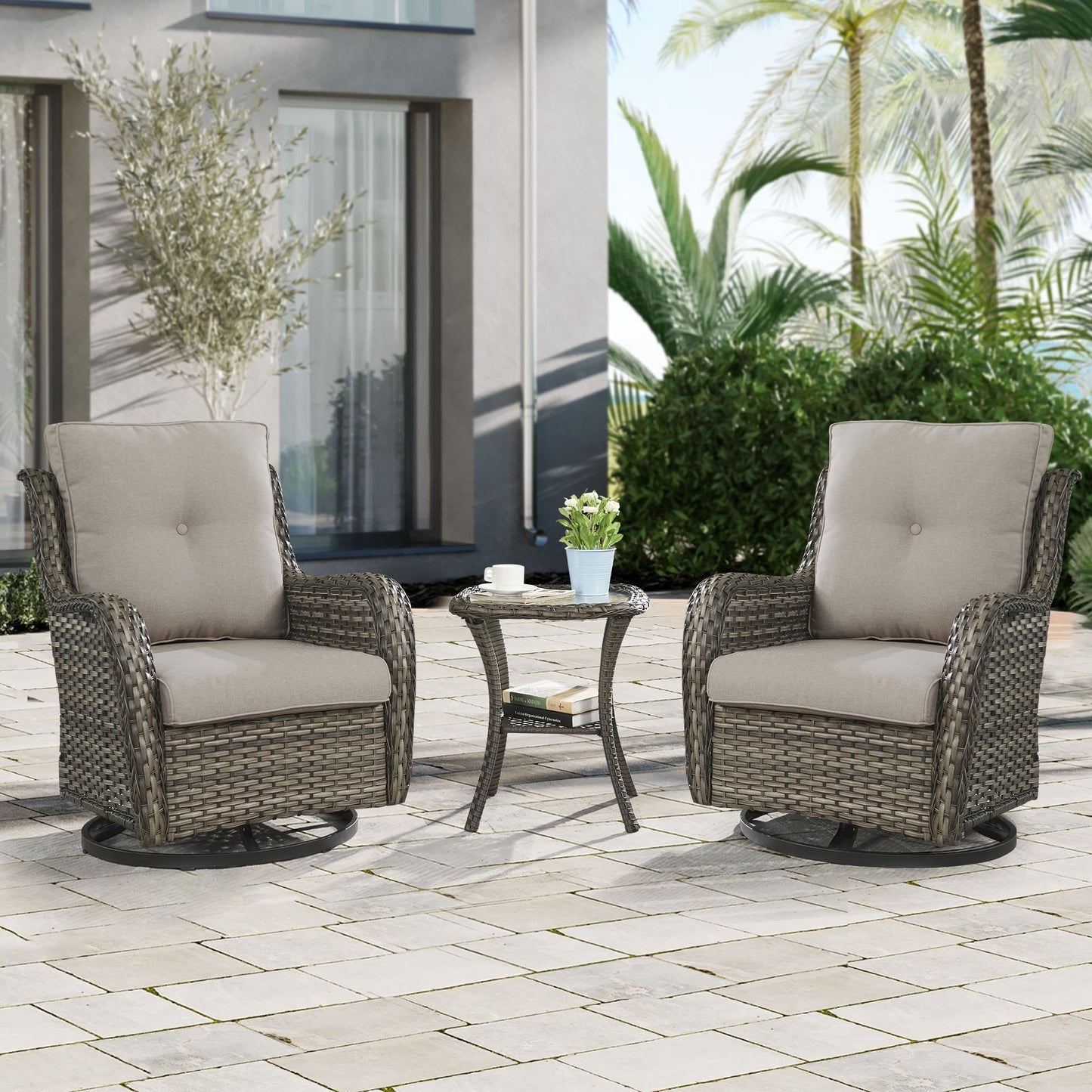 Gymojoy 3 Piece Outdoor Wicker Swivel Rocker with Cushion & Table