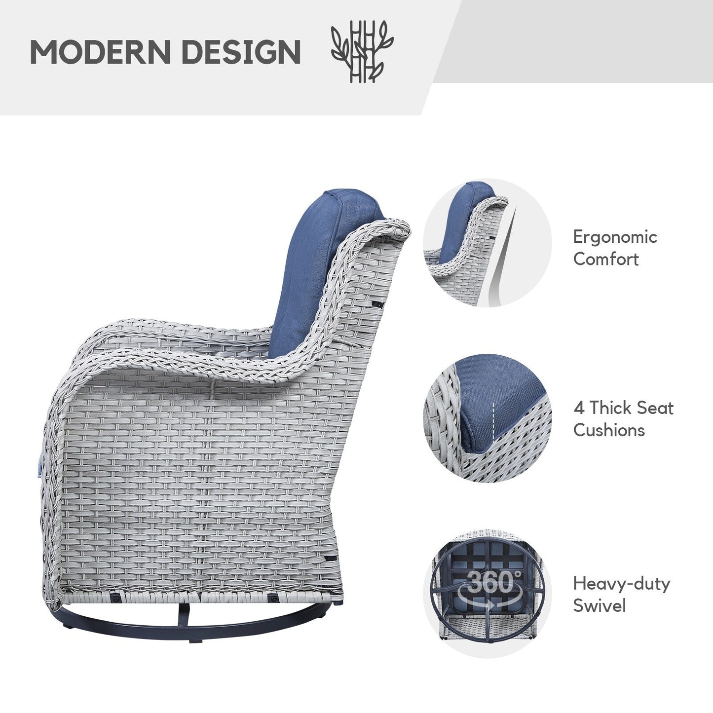 Gymojoy 3 Piece Outdoor Wicker Swivel Rocker with Cushion & Table