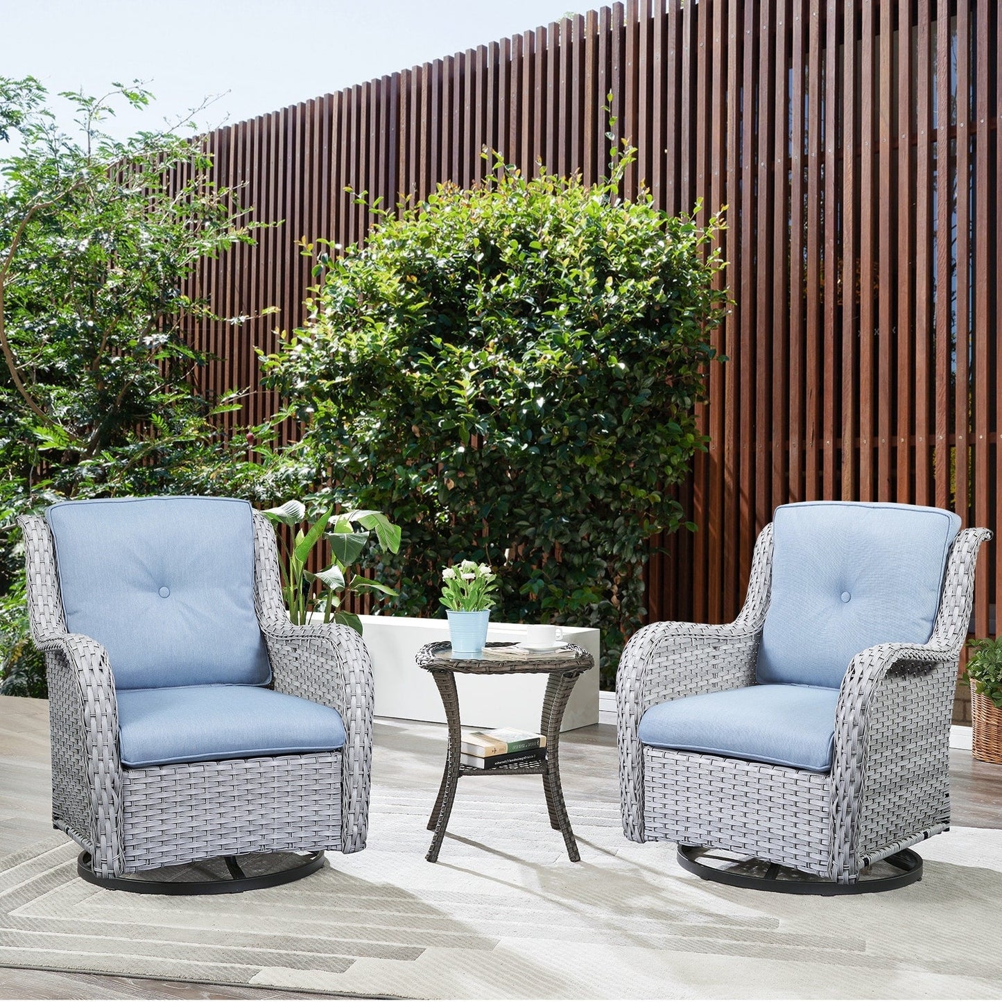 Gymojoy 3 Piece Outdoor Wicker Swivel Rocker with Cushion & Table