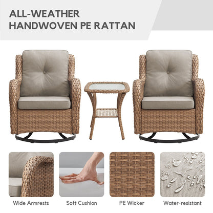 Gymojoy 3 Piece Outdoor Wicker Swivel Rocker with Cushion & Table