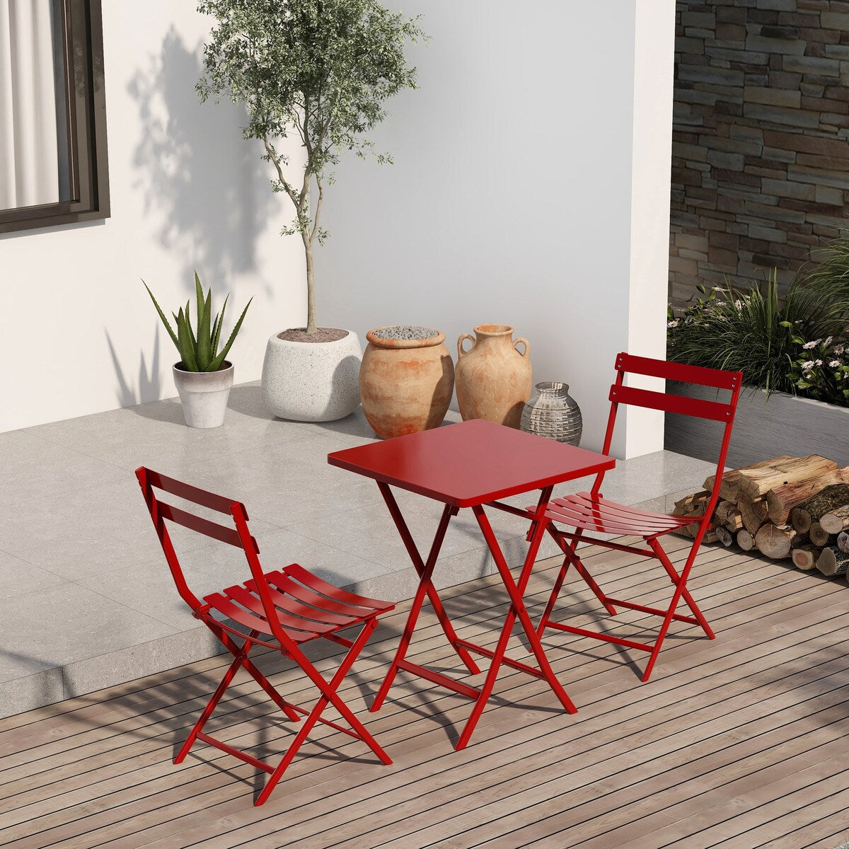 Ensemble de bistro minimaliste pour terrasse, 3 pièces, table carrée et chaises pliantes - 3 pièces