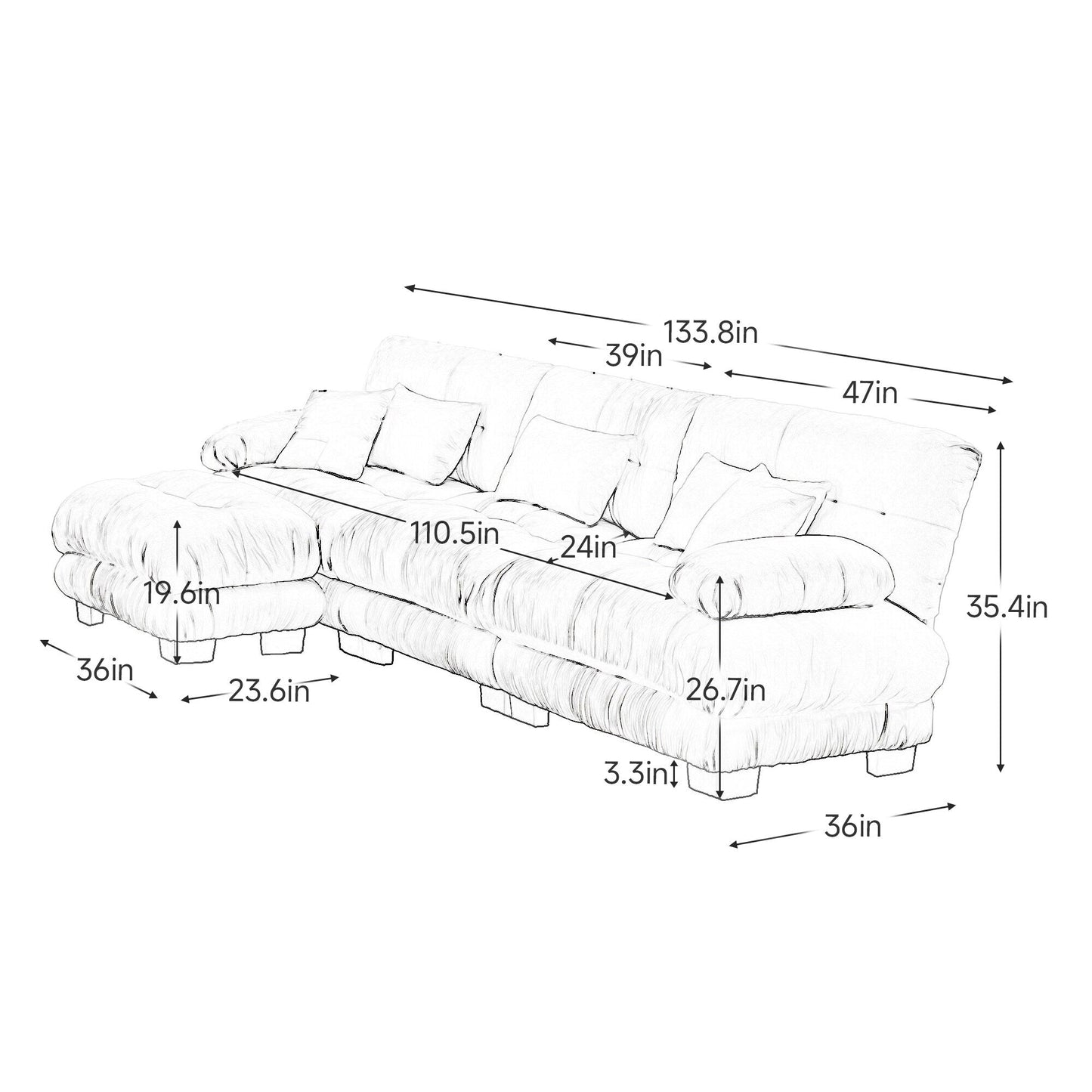 Canapé d'angle modulaire 3 places, canapé profond en forme de L, canapé nuage avec pouf convertible pour salon.
