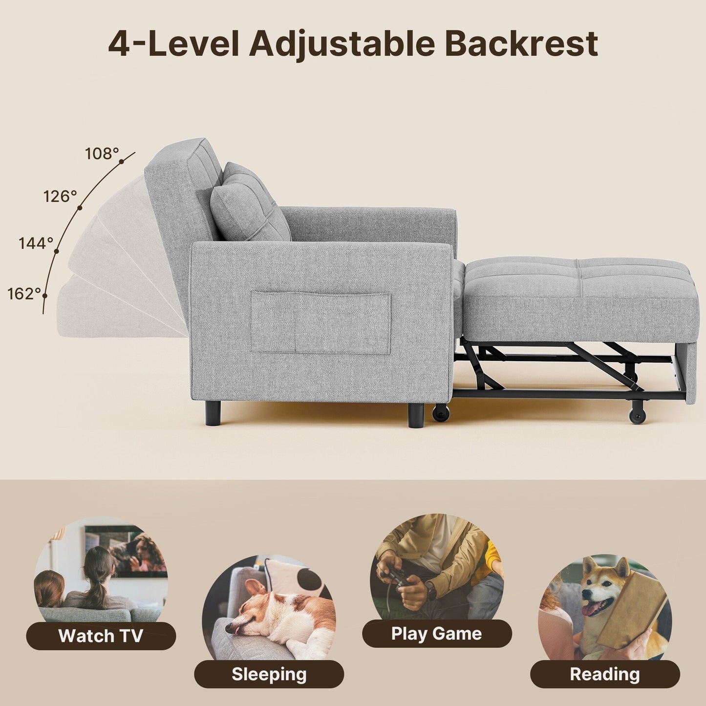 Canapé-lit escamotable 3-en-1, fauteuil convertible, inclinable, pliable et recouvert de tissu.