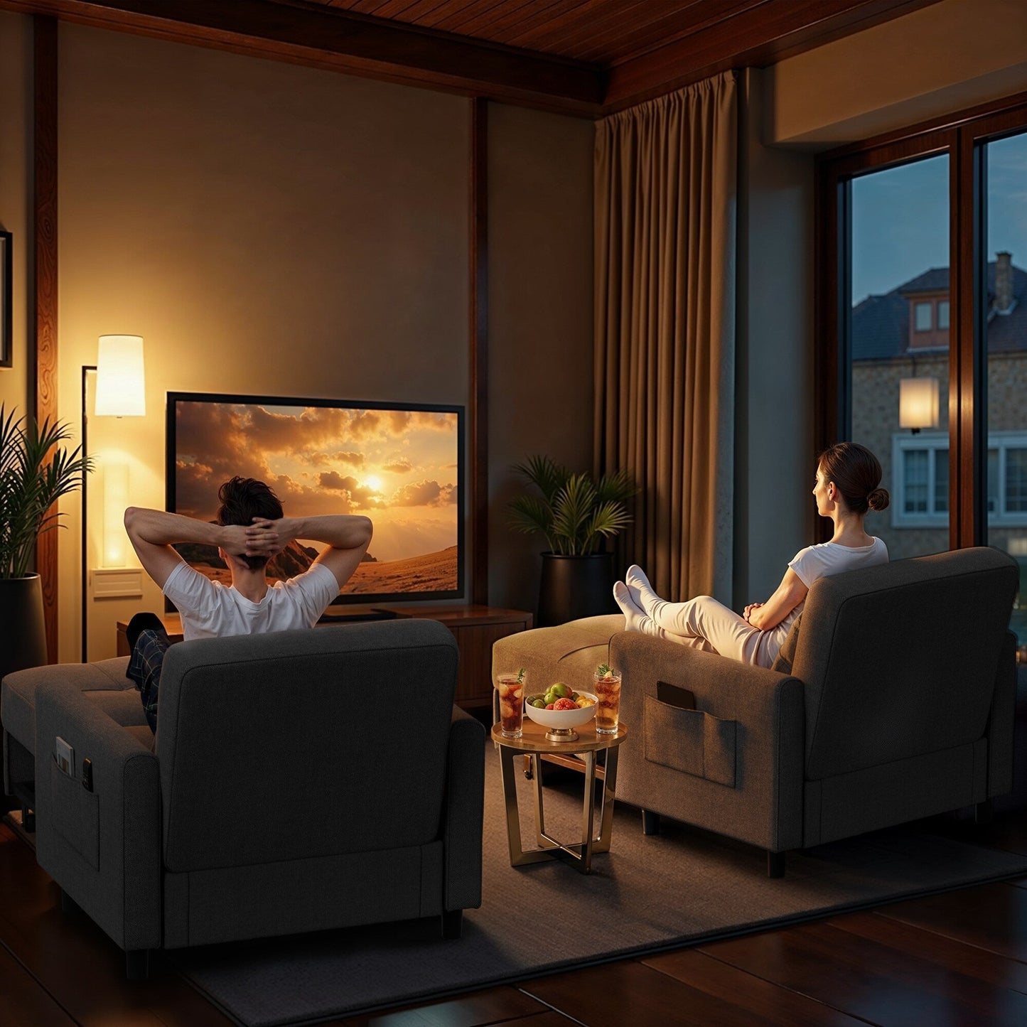 Canapé-lit escamotable 3-en-1, fauteuil convertible, inclinable, pliable et recouvert de tissu.